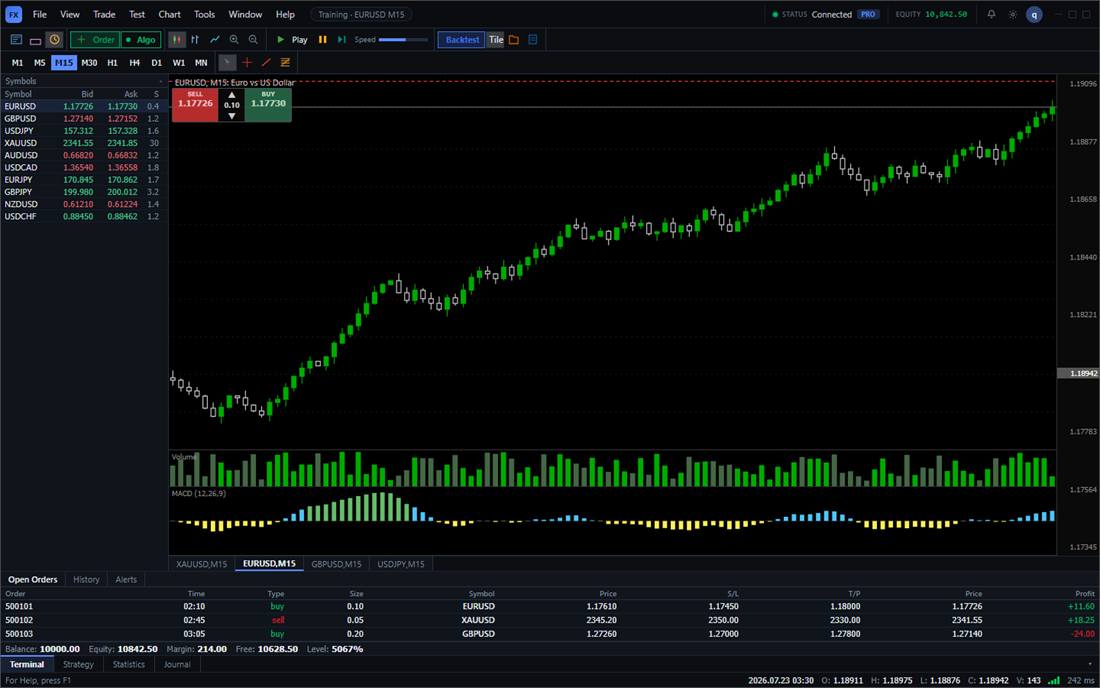 BarionQuant training desk with chart replay, Volume and MACD