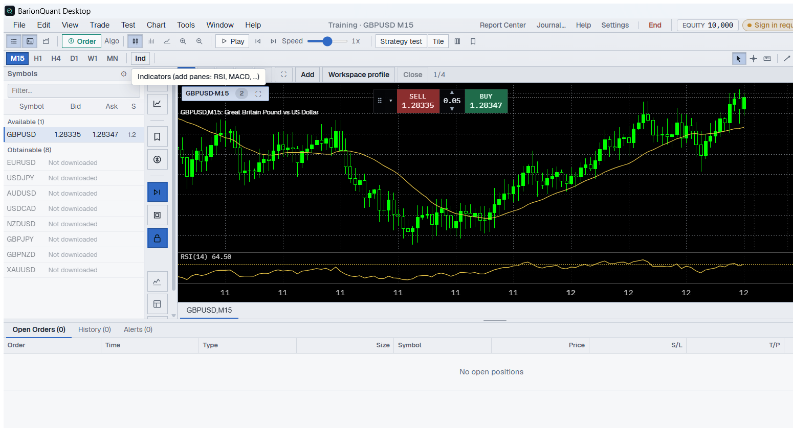 BarionQuant Training chart with MA and RSI(14)