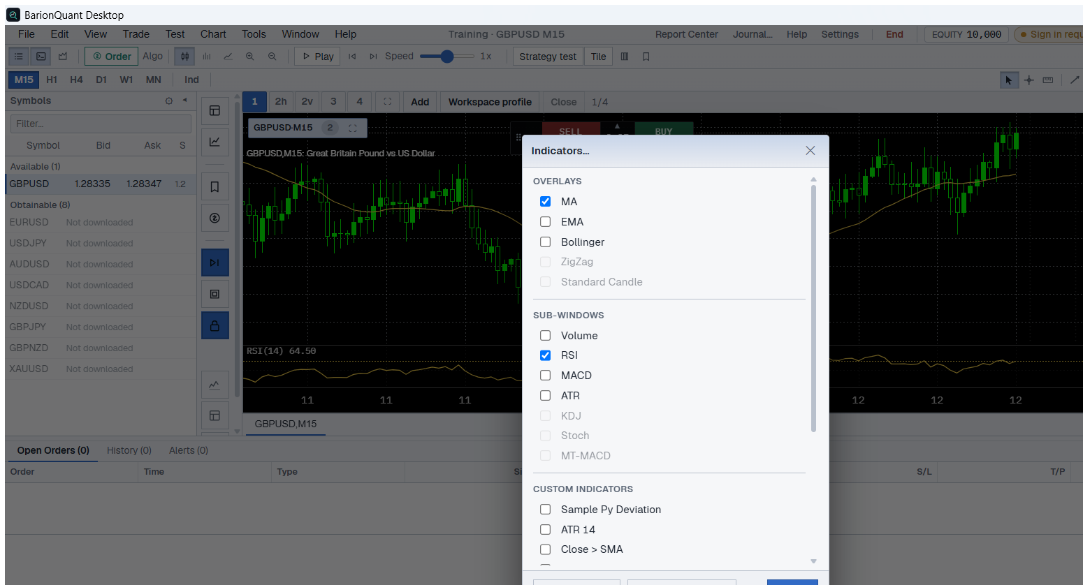 BarionQuant Indicators dialog with MA and RSI checked
