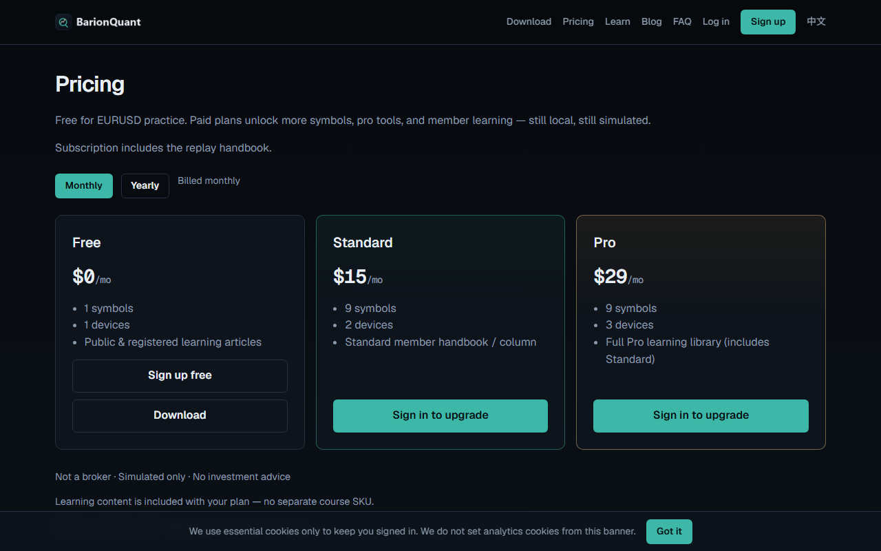 BarionQuant Pricing page