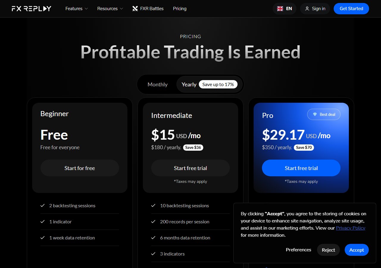 FX Replay public pricing — Free, Intermediate, Pro yearly display