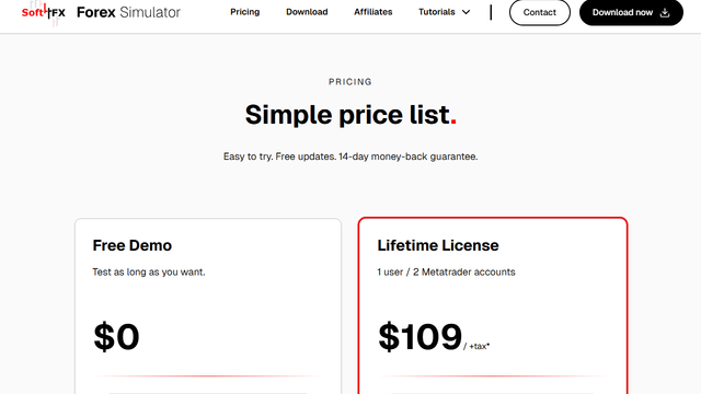 Soft4FX public pricing — $109 lifetime bound to two MetaTrader accounts