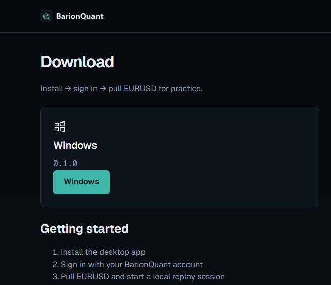 BarionQuant Download — install, sign in, pull EURUSD