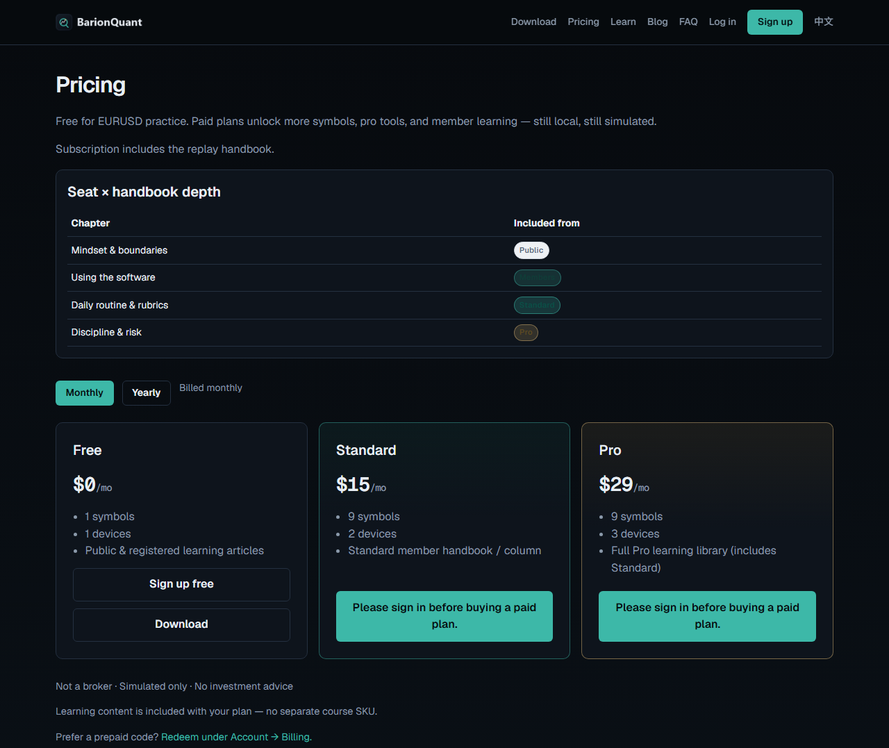 BarionQuant Pricing — Free $0, Standard $15/mo, Pro $29/mo