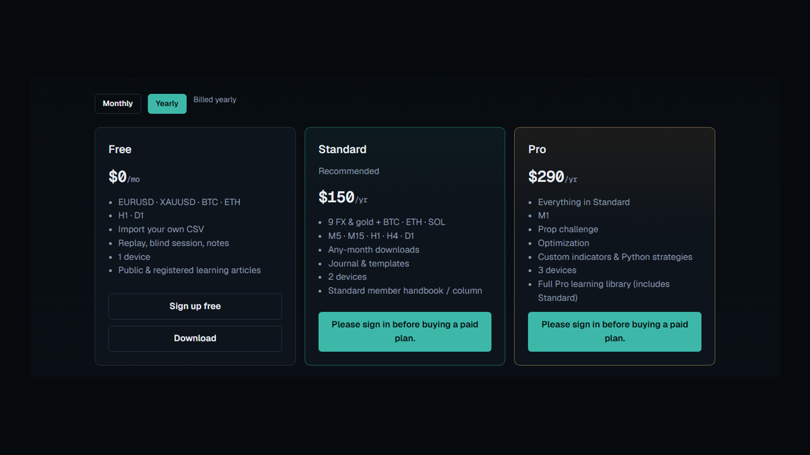 Yearly pricing cards listing BTC and ETH on Free and M1 on Pro