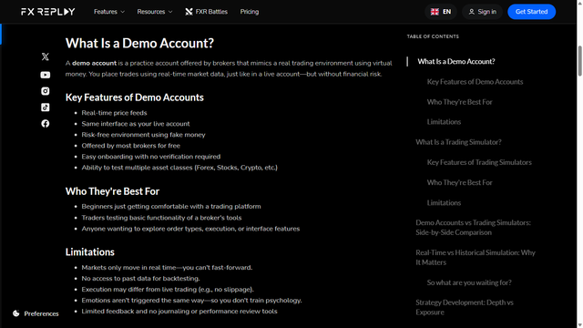 FX Replay learn page — what a demo account is