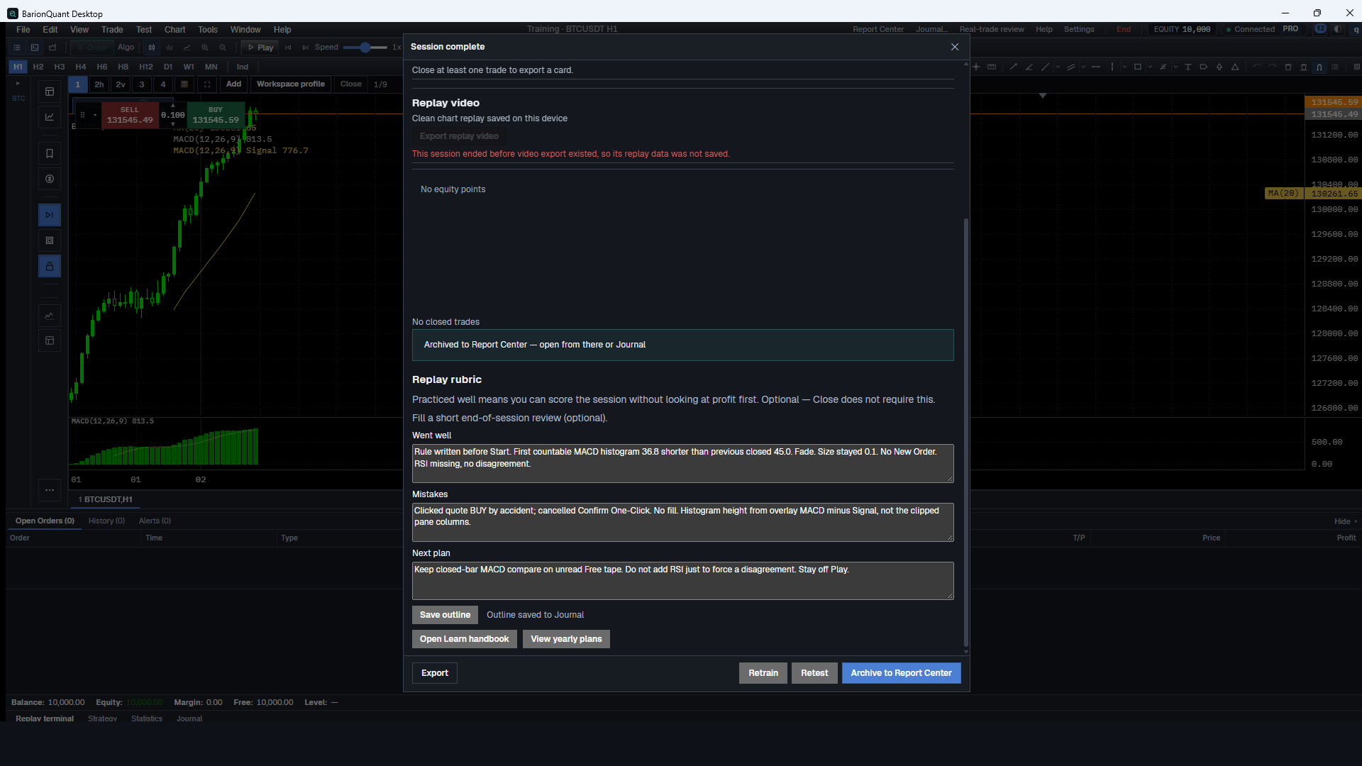 Session complete after End Training. Trades 0, +0.00, archived to Report Center. Rubric filled.