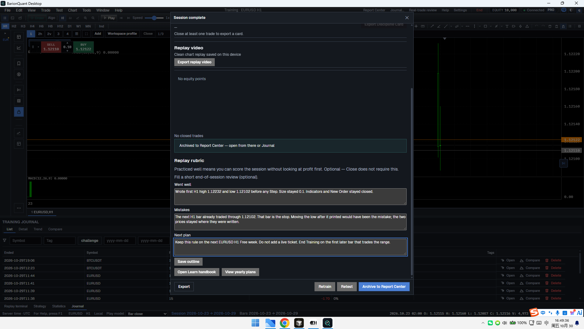 Session complete after End Training. Trades 0, +0.00, archived to Report Center. Rubric filled.