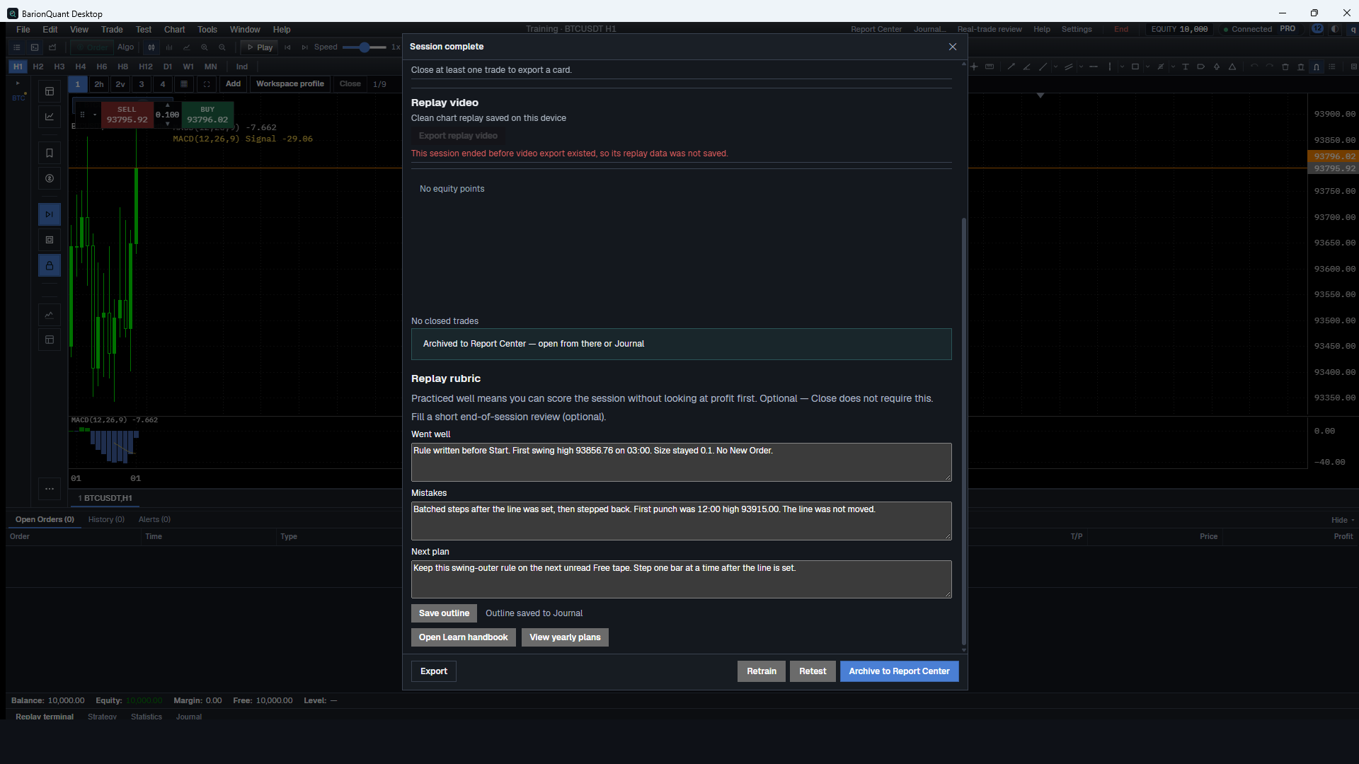 Session complete after End Training. Trades 0, +0.00, archived to Report Center. Rubric filled.