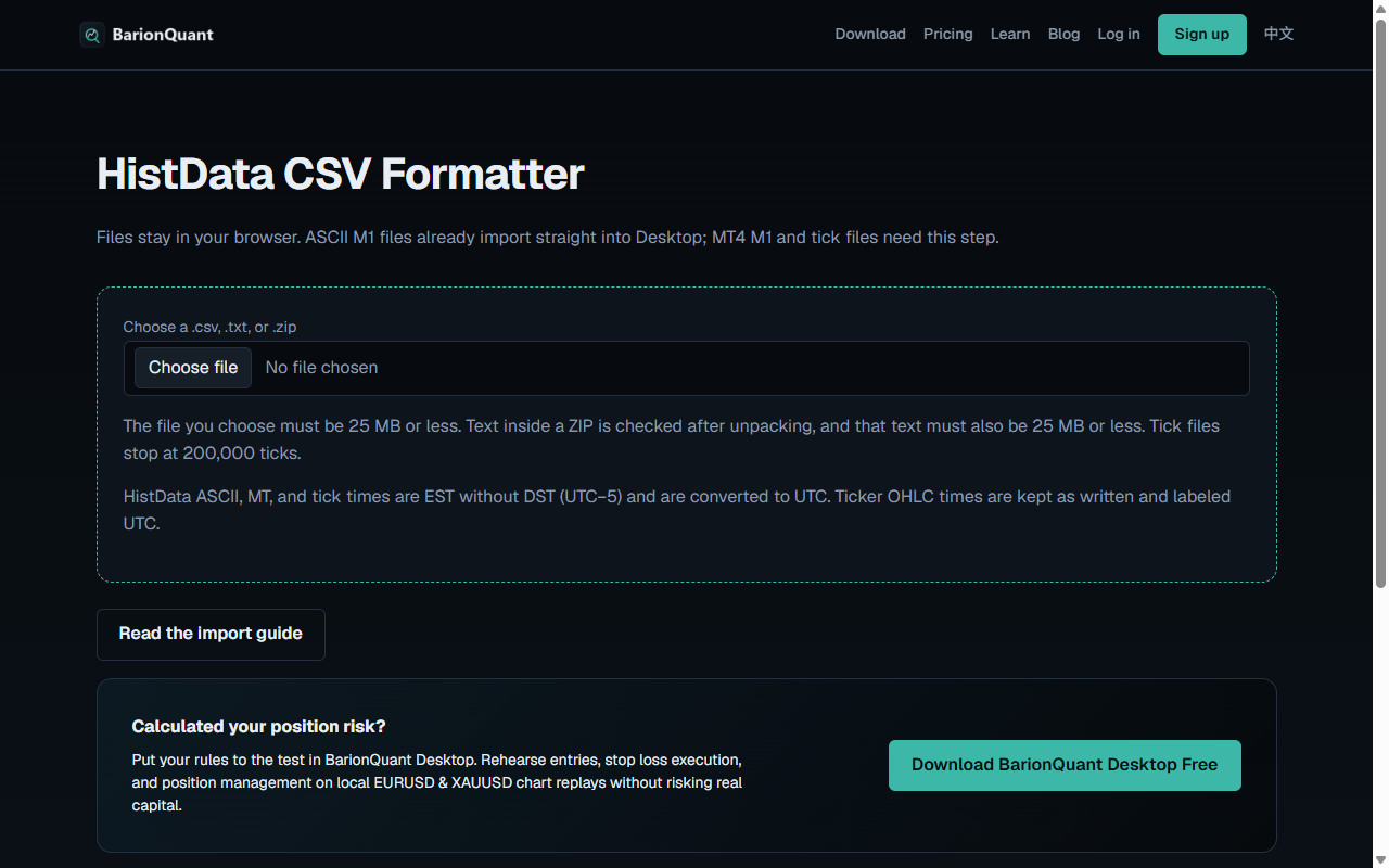 HistData CSV Formatter — empty, files stay in the browser