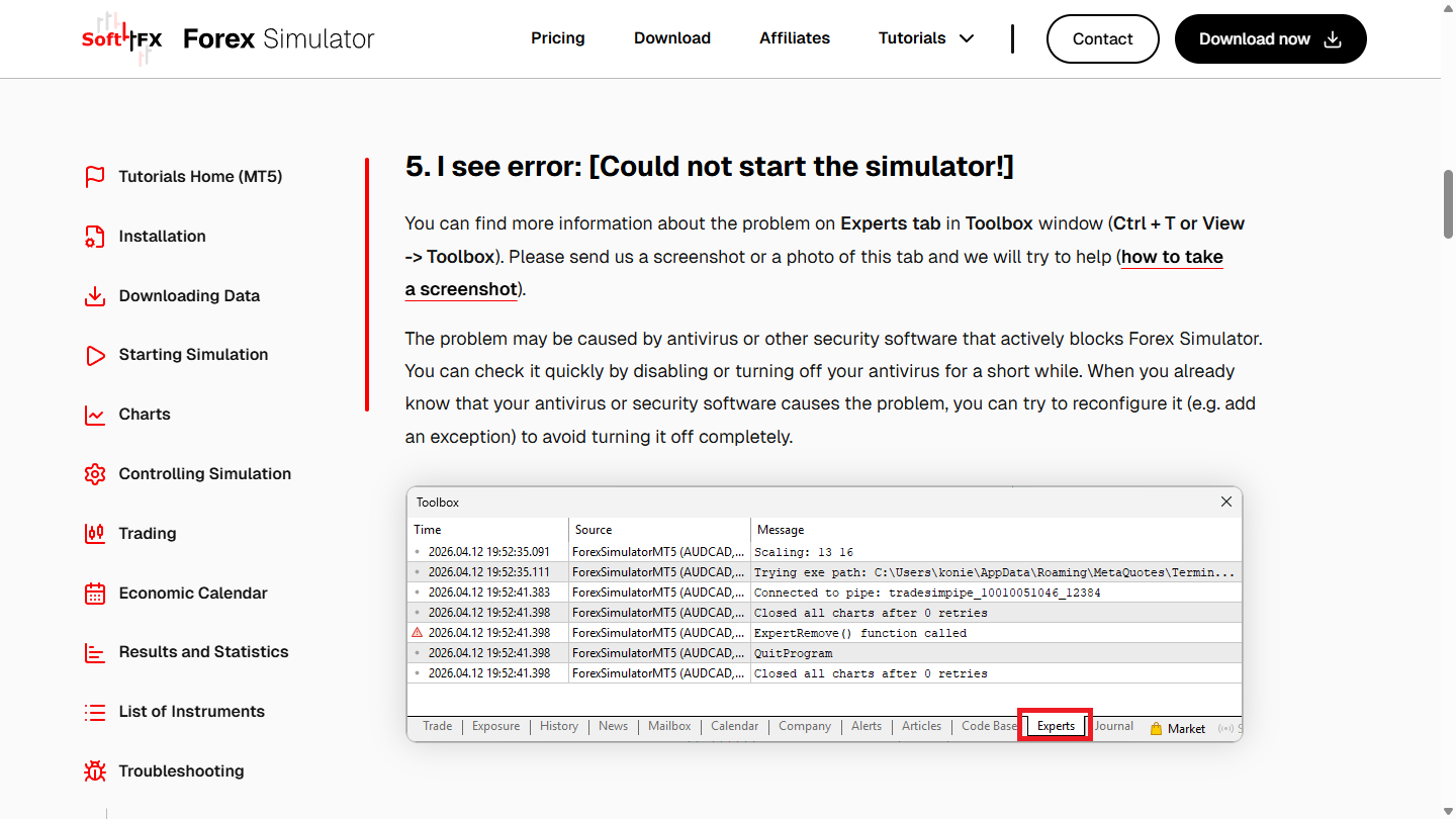 Soft4FX troubleshooting for Could not start the simulator