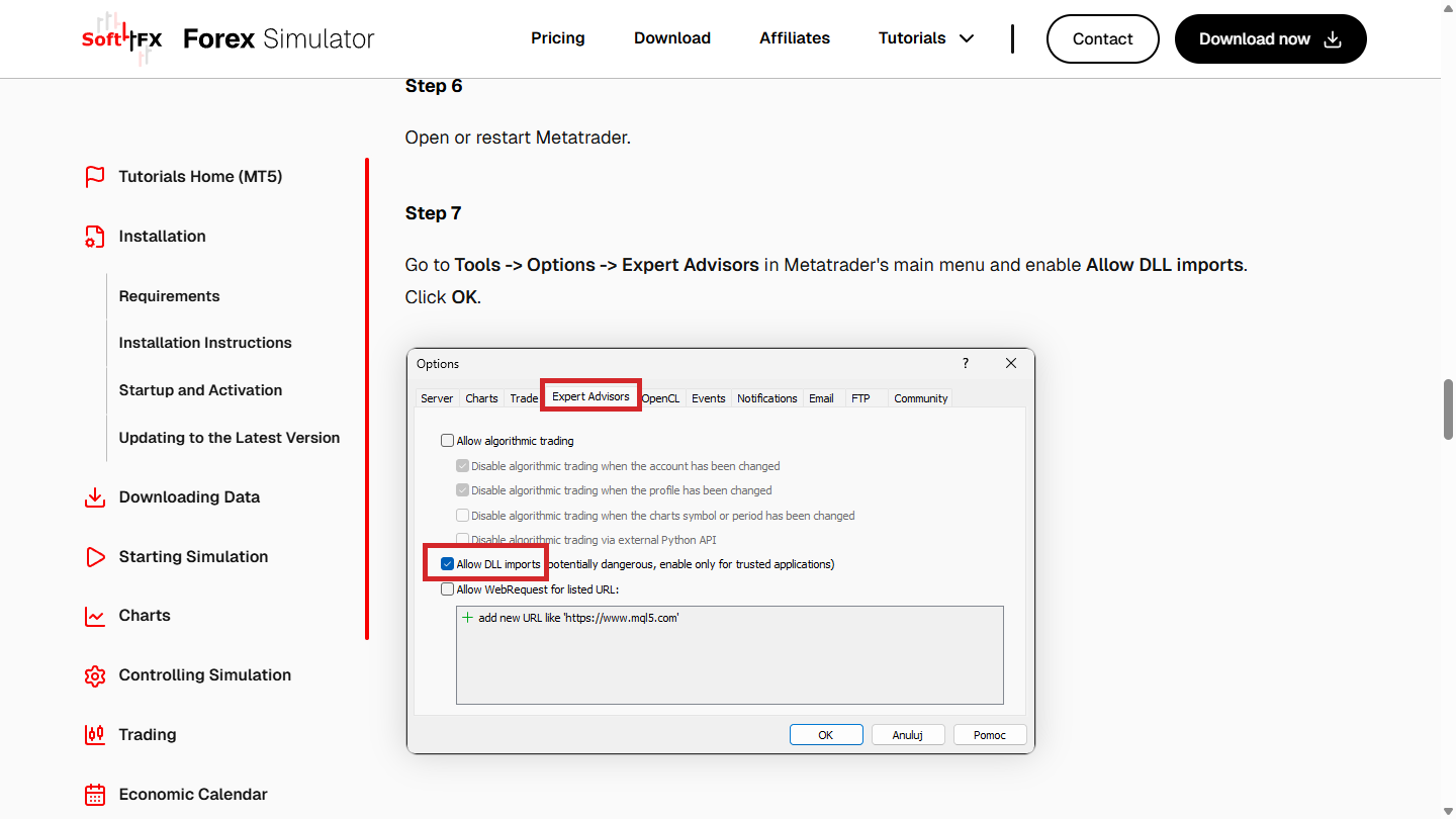 Allow DLL imports on the Expert Advisors tab