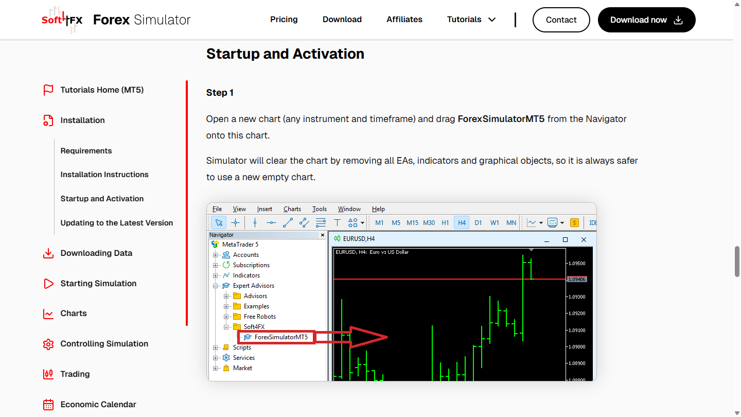 ForexSimulatorMT5 dragged from the Navigator onto a chart