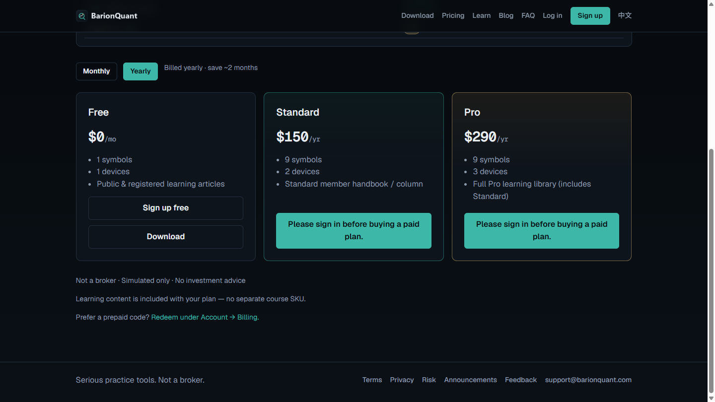 BarionQuant pricing — Yearly selected, full cards, Standard $150/yr and Pro $290/yr