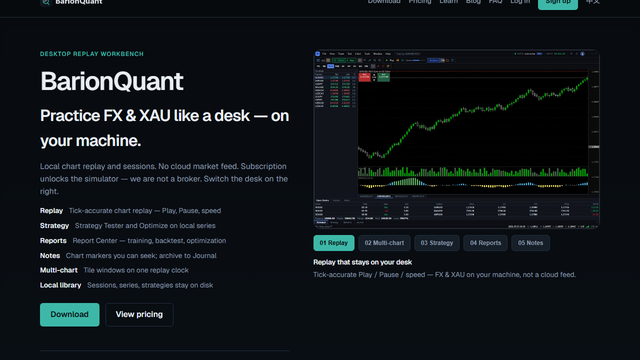 BarionQuant homepage — local replay, not a broker
