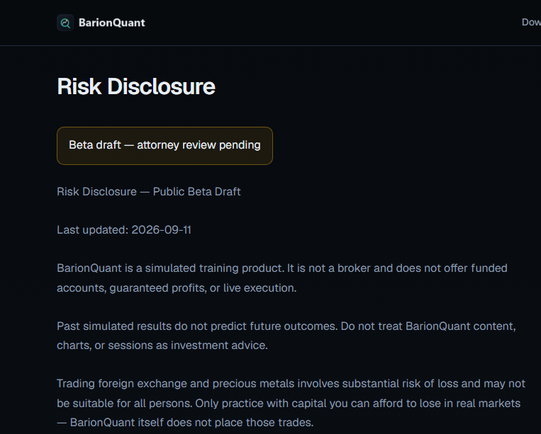BarionQuant Risk Disclosure — simulated training